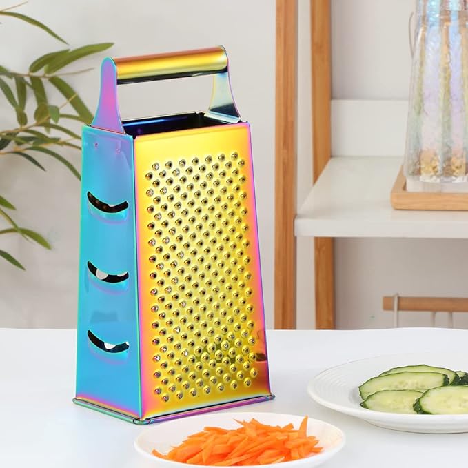 Large Stainless Steel 4 Sides Grater Slicer with Handle, Multifunctional Cutter Planing for Ginger, Garlic, Cucumbers, Carrots, Cheese, Potato, Ergonomic Design Kitchen Gadgets Accessories Rainbow