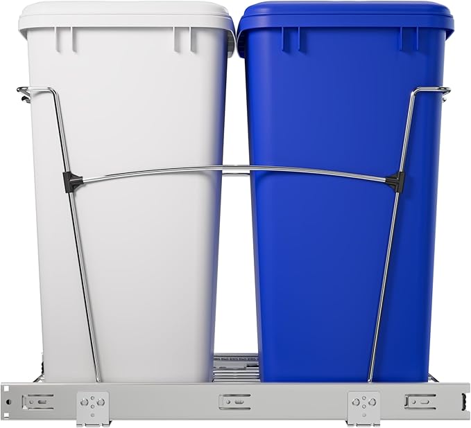 Rev-A-Shelf RV-18KD-11RC-S Double Pullout Trash Can for Kitchen Cabinets 35 Qt Garbage Recycling Bin on Full Extension Slide, Blue/White