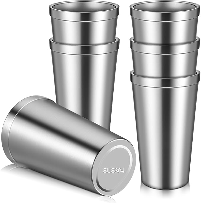 JJUNW 6 Pack Stainless Steel Cup 16 oz, Stackable Double Wall Vacuum Insulated Metal Drinking Glasses Reusable for Bbq Home Office Party Coffee