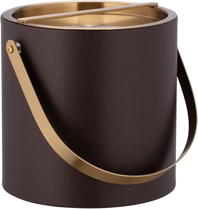 Kraftware SANTA BARBARA 3qt Ice Bucket with Brushed Gold Arch Handle & Bridge Cover: Chocolate Brown