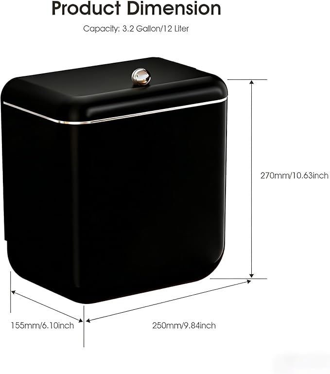 Large 3.2 Gallon Compost Bin, Under Sink Trash Can with Lid, Hanging Waste Cabinet for Office Kitchen Cupboard Bathroom Bedroom, Both Black