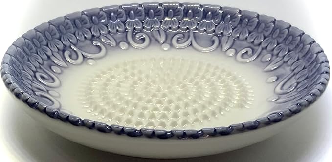 BonCera, All-in-one Premium Ceramic Garlic Grater Plate 4-Piece Set - Purple Embossed Design and Style - For Garlic, Ginger, Chocolate, and more! - Comes with 5.25" Plate, Peeler, Brush, and Stand