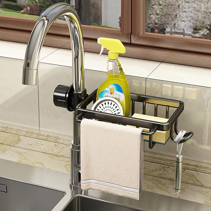 Faucet Sponge Holder Kitchen Sink Caddy Organizer Over Faucet Hanging Faucet Drain Rack for Sink Organizer (Upgraded with Dishcloth Rack, Black)