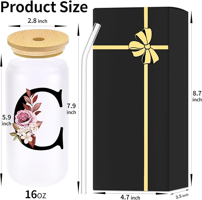 Monogrammed Glass Drinking Cup With Lid Straw Girlfriend Gf Future Mrs for Her Women Boyfriend 1 One Year Anniversary Meaningful Cute Romantic Christmas Xmas First Valentines I Love You More Gifts,C