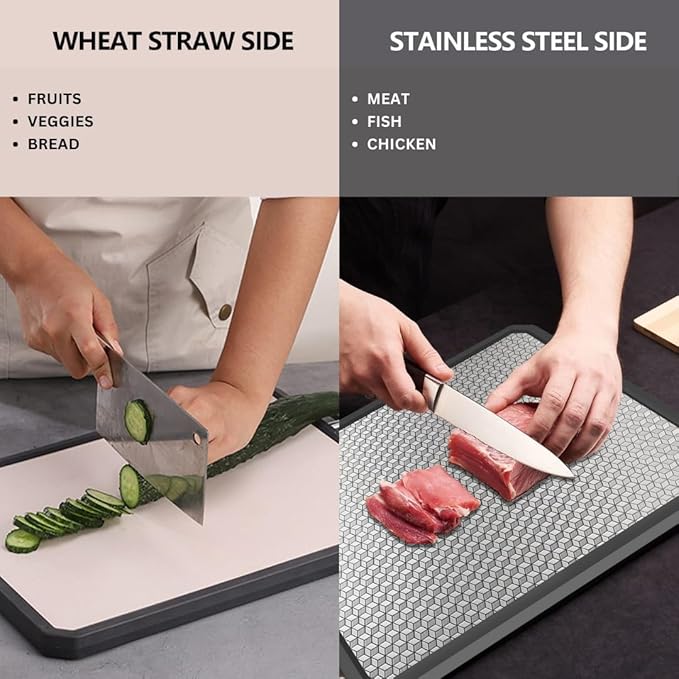 Stainless Steel Double-Sided Cutting Board – Large Non-Toxic Chopping Board with Mesh Design, Wheat Straw Side, Food-Grade 304, Non-Slip, Juice Groove, Onion Holder, Crinkle Cutter