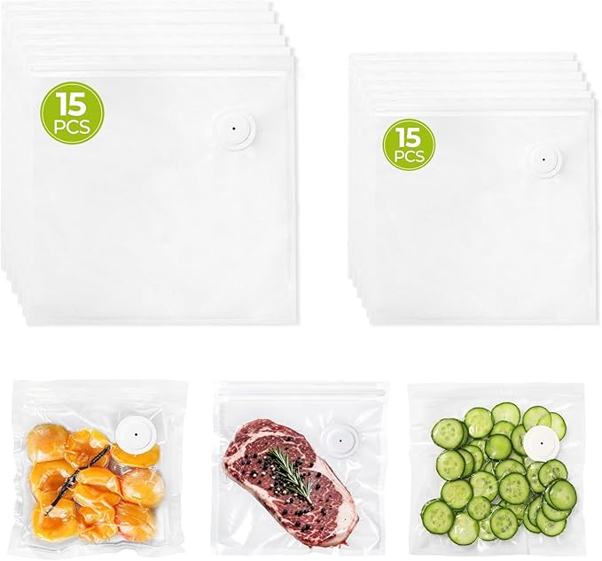 Reusable Vacuum Sealer Bags for Food with Air Valve, 30 Pack BPA‑Free Food Saver Bags Dishwasher‑Safe, Freezer,Microwave, Odor-Resistant, Leak‑Proof for Leftovers, Meal Prep, Sous Vide, BBQ