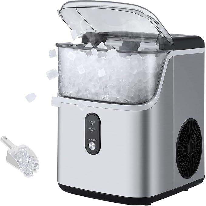 Nugget Ice Maker 36Lbs/24H Countertop Chewable Ice Machine, Self-Cleaning, Low Noise Stainless Steel Soft Ice Cubes Machine for for Home, Office, RV (Silver)