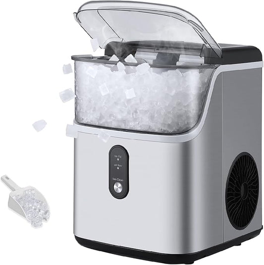 Nugget Ice Maker 36Lbs/24H Countertop Chewable Ice Machine, Self-Cleaning, Low Noise Stainless Steel Soft Ice Cubes Machine for for Home, Office, RV (Silver)