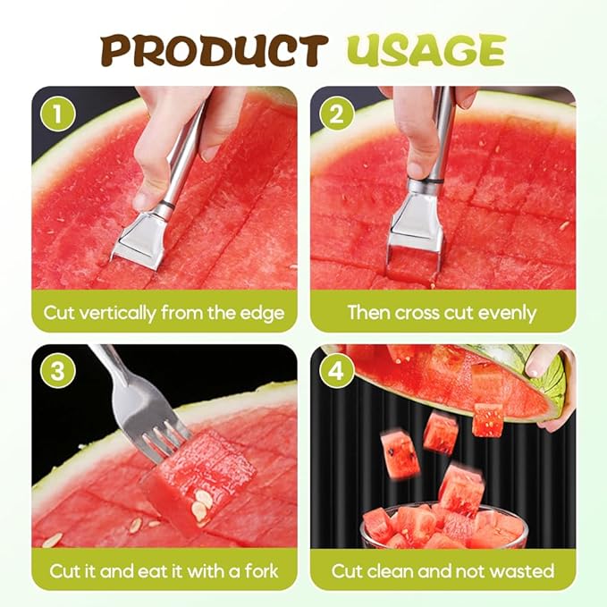 2-in-1 Stainless Steel Watermelon Cutter, Fruit Slicer and Fork Tool, Dual Head Watermelon Cube Cutter with Round Handle for Easy Serving, Kitchen Fruit Cutting Tool (3pcs)