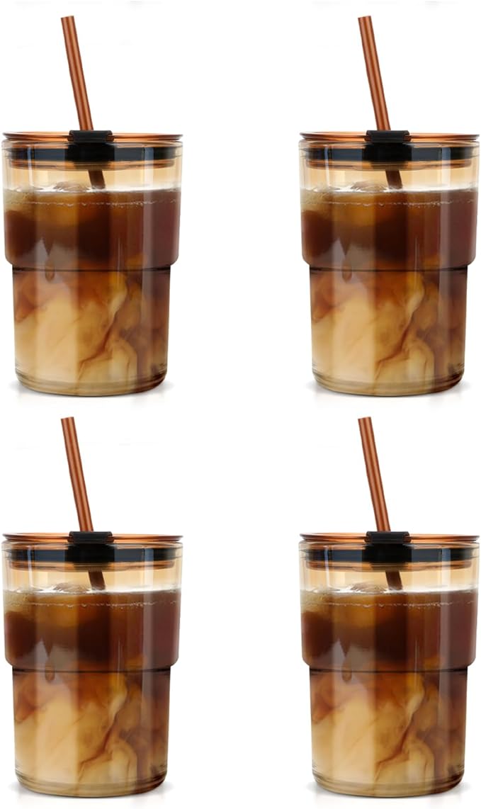Luxfuel 13oz Tumbler Water Glass Cups with Straw and Lid, Reusable Iced Coffee Cups, Iced Tea, Sealed Carry-On Glass Tumbler for Travel, Home, Office, Party and Outdoor (Amber 4 Pack)