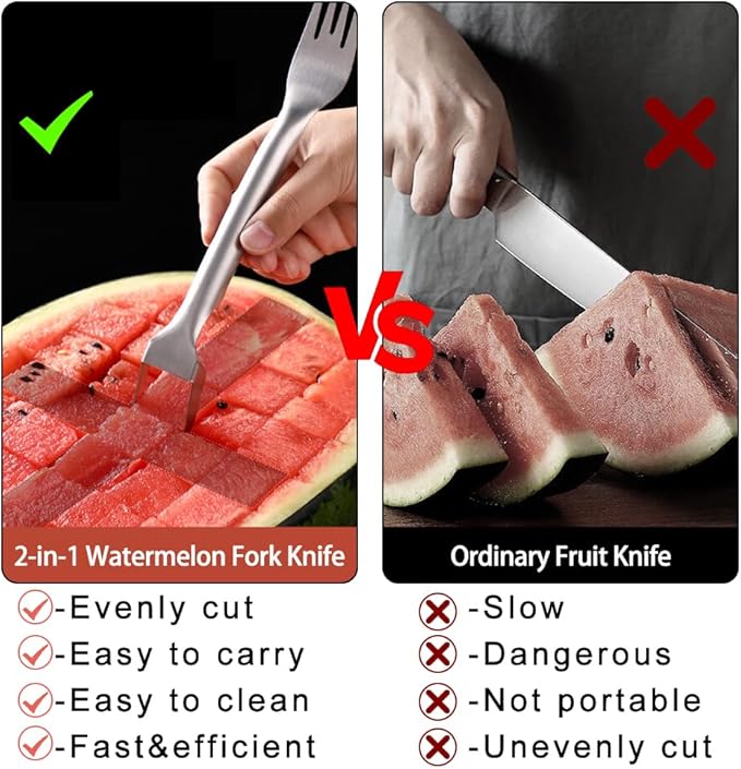 2PCS Watermelon Fork Slicer Cutter，Watermelon Fruit Tools with Melon Baller Scooper, Abnaok Stainless Steel 2-in-1 Watermelon Fork Knife, Portable Dual Head Fruit Forks for Home Party Kitchen Gadget