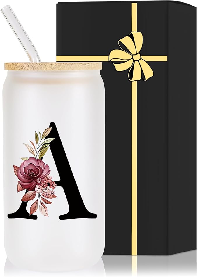 Monogrammed Glass Drinking Cup With Bamboo Lid Straw Customized Iced Coffee Tumbler 16oz Clear Mason Jar Beer Water Smoothie Cocktail Accessories Cool Cute Mug Gift Vasos De Vidrio Con Tapa Popote,A