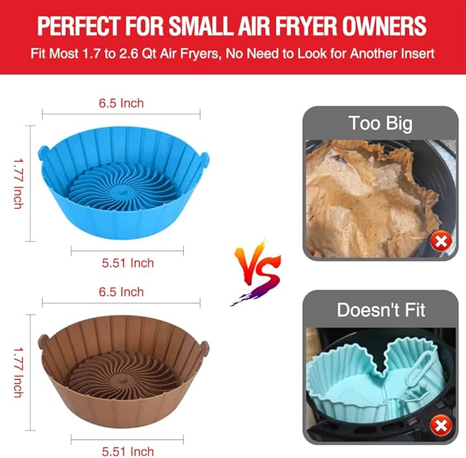 Small Air Fryer Silicone Liners for COSORI/Instant Pot/Chefman/Ninja/Dash/Bella/GoWise/COSMO Air Fryer 2QT 2.1QT 2.3QT 2.5QT, Reusable Pot Baking Tray Air Fryer Accessories, Better than Paper Liners