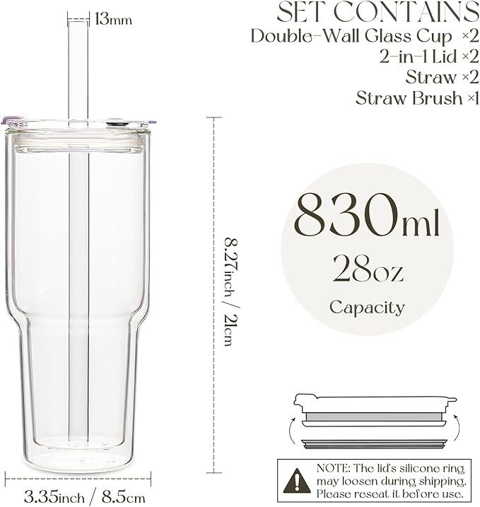 KEMORELA 28 oz Double Wall Glass Tumblers Set of 2, Extra-Wide 13mm Reusable Drinking Straws, Boba Tumbler, Wide-Mouth Water Cups for Iced Coffee, Smoothies, Boba & Tea Lovers (Clear)