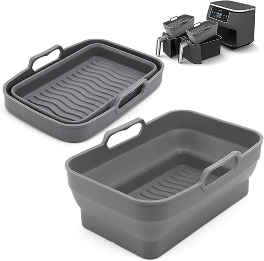 Air Fryer Silicone Liners Pot for Ninja Foodi Dual DZ090 6QT, 2 Pack Reusable Air Fryer Silicone Replacement Basket Bowl, Collapsible Baking Tray for Air Fryer Accessories (Gray)