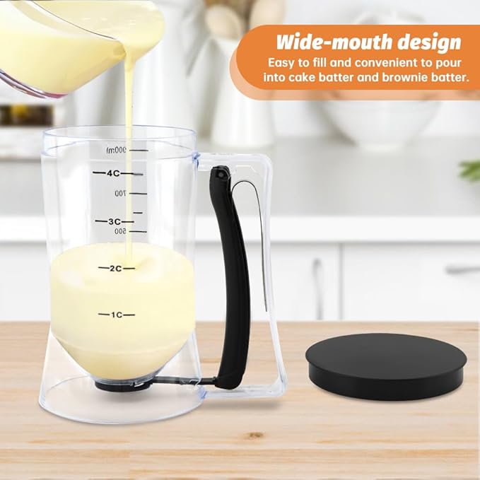 4 Cup Pancake Batter Dispenser with Cupcake Scoop Batters Dispenser,Pancake Waffl Mix Dispenser with Squeeze Handle & Measuring Marks,for Cupcake,Muffins, Crepes & Cupcakes(black)