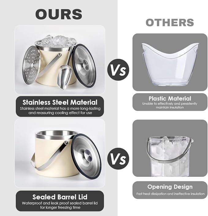 4L beige-white Double Wall Insulated Stainless Steel Ice Bucket with scoop for Cocktail Bar,Metal Ice Bucket for freezer with Lid for parties.ice Container to Keep Ice Colder,bar cart accessories