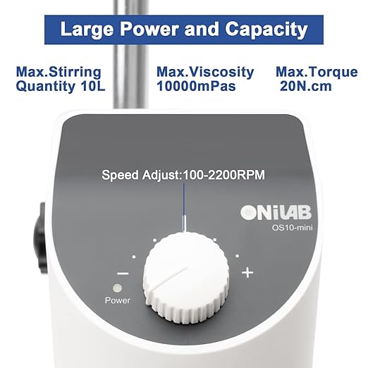 ONiLAB Lab Analog Overhead Stirrer, 10L Capacity, 100-2500rpm Adjustable Speed,Max.Viscosity 10000mpas, Lab Mixer with Overload Protection, Overhead Mixer with Support Stand&Two Stirring Rods,110-220V