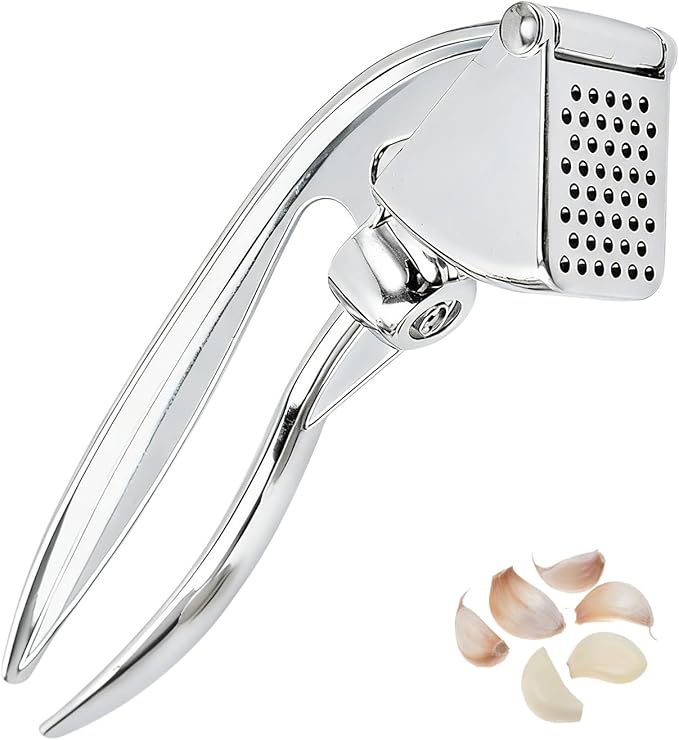 Premium Zinc Alloy Garlic Press, Heavy Duty Rust-Proof Garlic Crusher Mincer with Ergonomic Handle, Dishwasher Safe Easy Squeeze & Clean Kitchen Tool - Silver