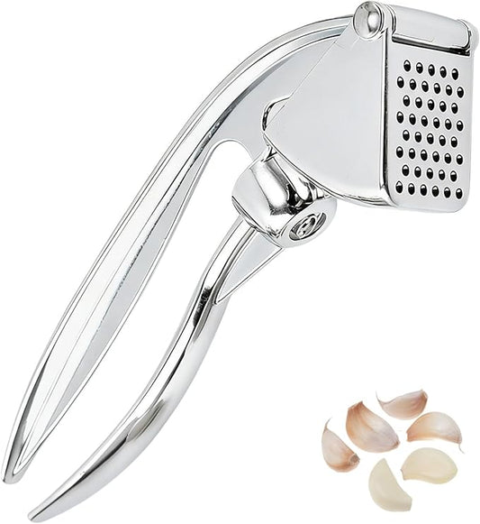 Premium Zinc Alloy Garlic Press, Heavy Duty Rust-Proof Garlic Crusher Mincer with Ergonomic Handle, Dishwasher Safe Easy Squeeze & Clean Kitchen Tool - Silver