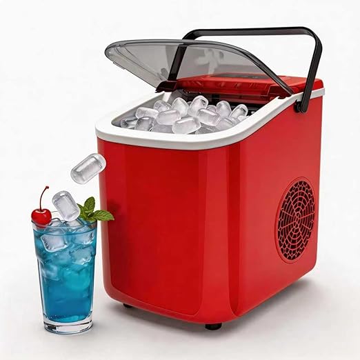 Small Portable Countertop Ice Maker, 26lbs/24H Ice Machine with Self-Cleaning, 6-8 Mins Fast Ice Making,Quiet Operation, Compact Ice Maker with Handle for Home Kitchen Camping RV (red, 26lbs)