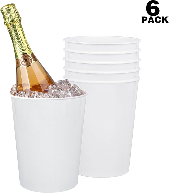 6 Pack Ice Buckets for Parties, Plastic Wine Cooler for Champagne, Beverage, Soda and Beer, Classic Wine Bottle Chiller for Wedding, Versatile Buckets as Vase, Flower Pot or Trash Bin, White