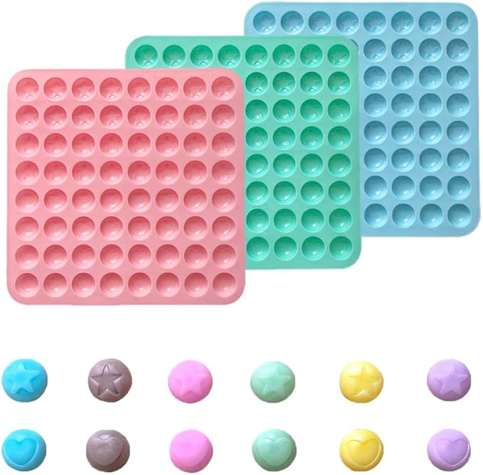 3Pcs Mini Round Silicone Mold,64 Holes Semicircle Mold With Pentagram Heart Pattern Design,Semi Sphere Shaped Mold For Small Half Ball Pellet Chocolate, Gummy Candy, Wax Melts Beads, Ice Balls,Biscuit
