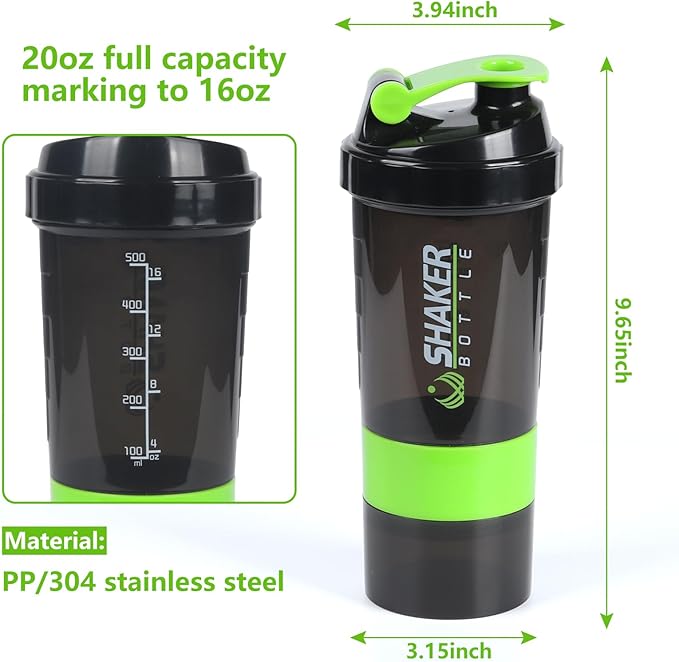 Protein Shaker Bottle,Sports Water Bottle,Leak Proof Shake Bottle For Protein Mixer,Non Slip 3 Layer Twist Off 3oz Cups with Pill Tray,Workout Shaker Bottle 16oz,Green