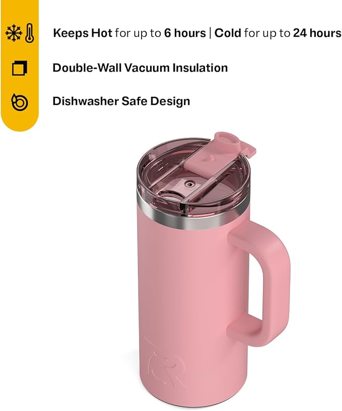 RTIC 16oz Road Trip Travel Mug with Lid and Handle, Ceramic Lined, Insulated, Stainless Steel, Metal, Double Wall Vacuum-Insulation, Portable Coffee, Tea Cup for Hot and Cold Drink, Dusty Rose