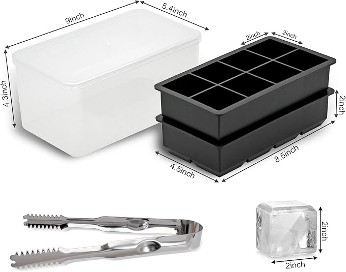 Bangp Silicone Ice Cube Tray with Bin and Tongs,2 Pack Large Silicone Ice Cube Molds,Large Square Ice Cube Trays Making 16 Whiskey Ice Cubes for Cocktails,Bourbon,BPA-Free,Easy to Fill & Release