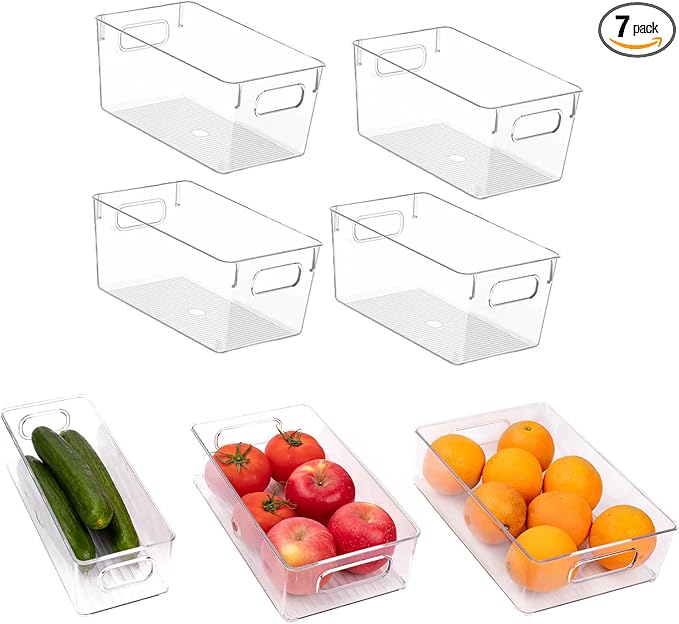 7 Pack Refrigerator Organizer Bins, 4 Sizes Stackable Clear Pantry Storage Bins with Handles for Fridge, Freezer, Shelves, Drawer, Bins, Snack Organizer for Home & Kitchen