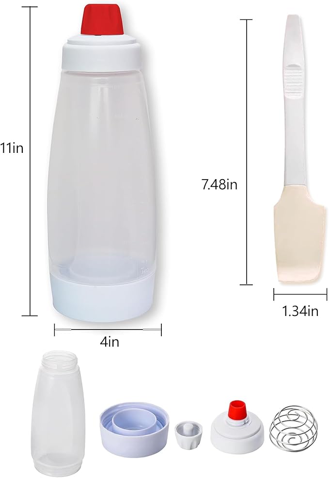Pancake Batter Dispenser & Mixer with BlenderBall Whisk, 2-Pack 33oz Leak-Proof Squeeze Bottles with Base for Pancakes, Crepes, Waffles, Muffins & Cupcakes