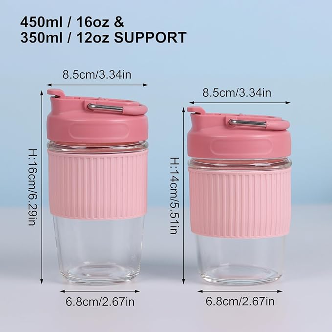 Sivaphe Reusable Glass Ice Hot Coffee Cup 12 oz, Portable Travel Mug with Spill-Proof Lid and Thermal Sleeve for Home Office Pink