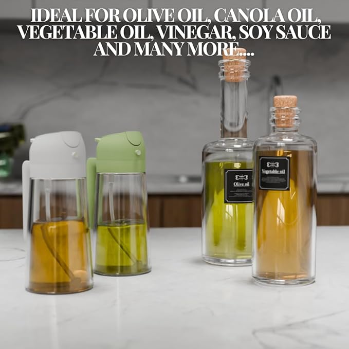 2-in-1 Oil Dispenser and Sprayer, 16oz/470ml Glass Olive Oil Spray Bottle for Cooking, Leakproof and Refillable Oil Mister for BBQ, Salad, and Baking (White)