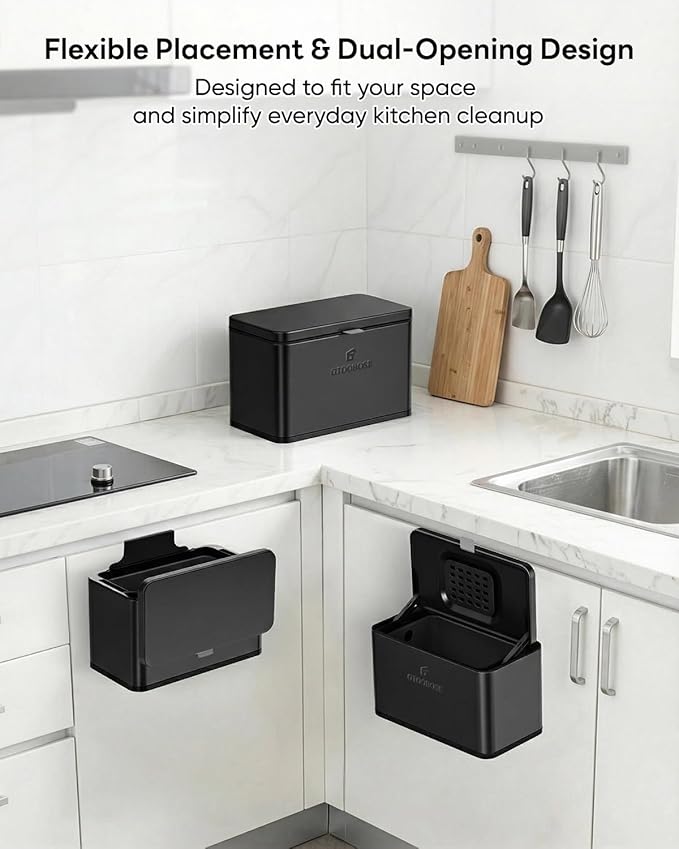Kitchen Mini Compost Bin, 4L/1G Small Trash Can with Lid, Slim Stainless Steel Hanging Garbage Bin for Kitchen, Bathroom, Bedroom, Office, Wall Mounted Compost Bin with Inner Bucket, Black