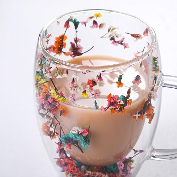 Myhiju Flower Double Wall Clear Glass Coffee Mugs Creative Clear Glass Cups with Handle Flowers Double Insulated Glass Cup for Hot Cold Beverages Cappuccino Latte, Espresso Juice Glass Coffee Cups