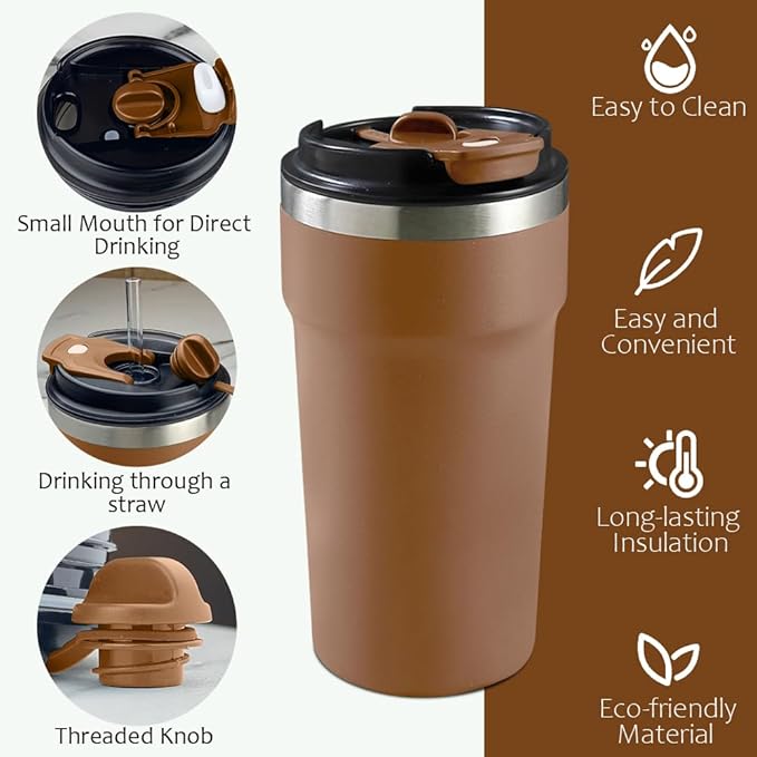 SPLMIFA Travel Coffee Mugs Leak-Proof, Reusable Coffee Cups with Lids, Stainless Steel Vacuum Insulated Coffee Tumblers, Thermal Insulation Cups for Men and Women Hot & Cold Drinks(4th-Brown, 16OZ)