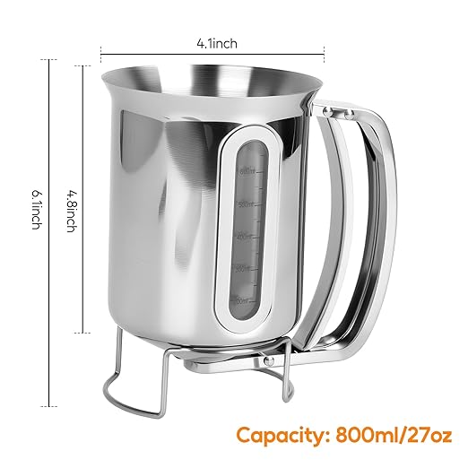 32oz Stainless Steel Pancake Batter Dispenser with Handle, Visible Scale Design, Pancake Mix Dispensers for Funnel Cake, Pancakes, Cupcakes, Waffles, Crepes, 900ml