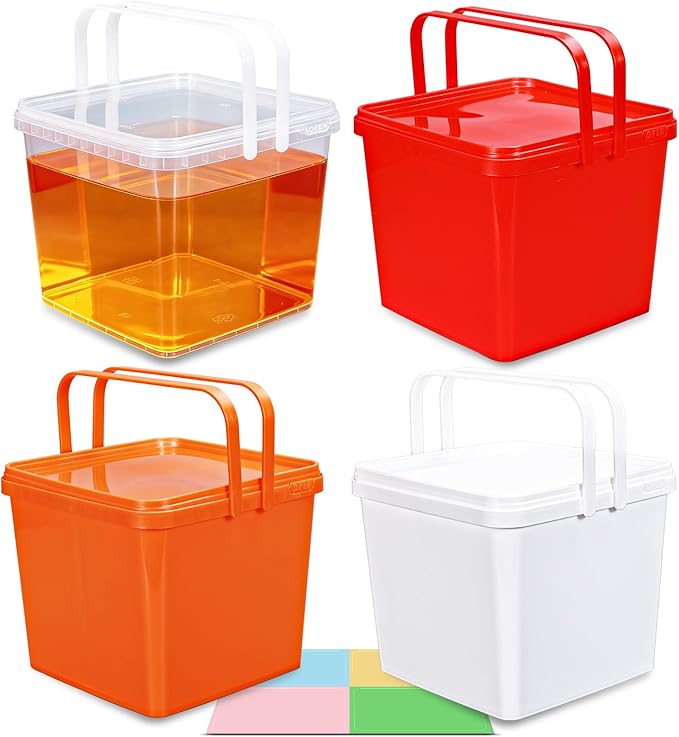 Bucket with Lid - 4 Packs Square Clear Plastic Storage Containers, Food Safe with Handle, Airtight Pressure Lids for Kitchen & Home (Mixed Colors, 1.3 gal)