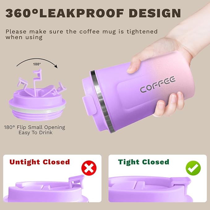 SPLMIFA Travel Coffee Mug Leak-Proof, Reusable Coffee Cups with Lid, Stainless Steel Vacuum Insulated Coffee Tumblers, Thermal Insulation Cup for Men and Women Hot & Cold Drinks(2nd-Purple Pink, 12OZ)