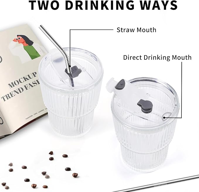 Iced Coffee Cups with Lids and Straws Set of 2, 16 Oz Unbreakable Plastic Drinking Cups Reusable Iced Coffee Cup to Go for Iced Tea,Juice, Water,BPA Free, Dishwasher Safe