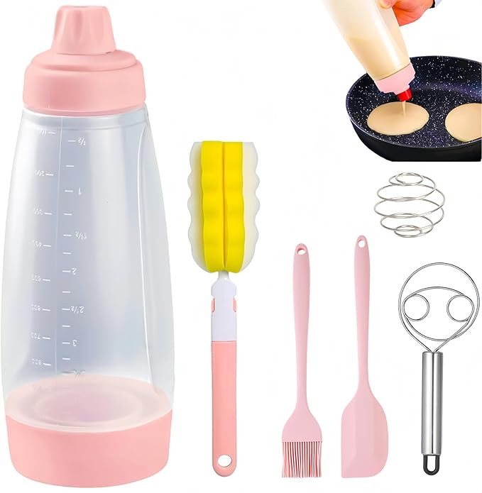Pancake Batter Dispenser with Wire Whisk, BlenderBall, Silicone Spatula and Brush, Cleaning Brush, 1000 ML Large Capacity Leak-Proof Design for Pancakes Waffles Muffins and Crepes