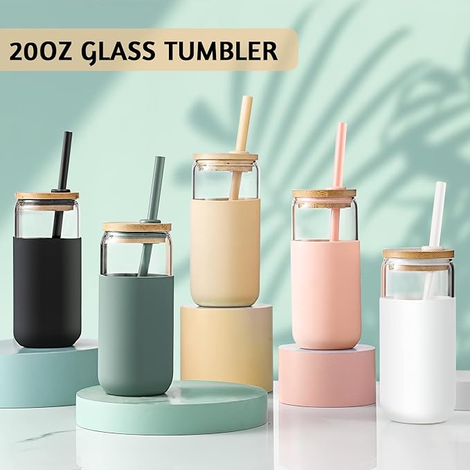 20 OZ Glass Cups with Bamboo Lids and Straws - Beer Can Drinking Glasses with Silicone Protective Sleeve Set, Iced Coffee Glasses, Cute Tumbler Cup for Water, Tea, Gift - Cambridge Blue, Amber
