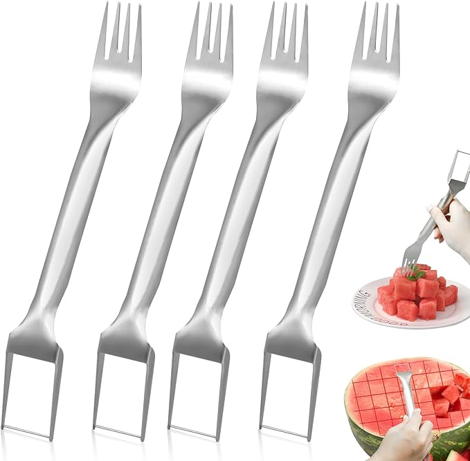 4 Pcs Watermelon Fork Slicer Cutter, Stainless Steel 2-in-1 Watermelon Fork Slicer, Portable Watermelon Fork Watermelon Cutter Slicer Tool Fruit Forks Slicer for Home Party Camping Kitchen Gadget