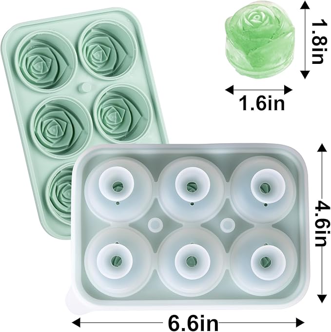 3D Rose Ice Cube Tray Set of 2, 6-Cavity Silicone Ice Cube Molds with Lid, Easy Release Ice Cube Trays for Freezer, BPA Free Ice Mold for Gift, Drinks, Coffee and Cocktails, Whiskey (Green)