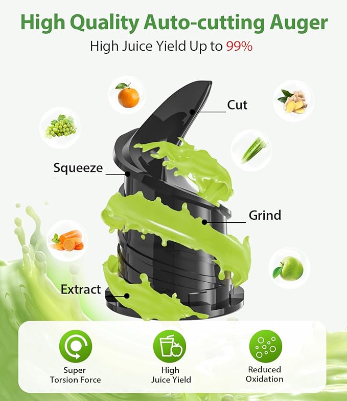 ECOSELF Cold Press Juicer - Large Mouth Hopper For Whole Fruits & Vegetables - Juicer Machines with Hands-Free Design - Slow Masticating Juicers High Juice Yield With Pusher - For Party Gathering