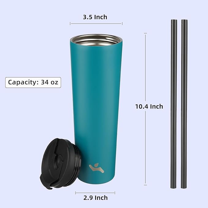 Konokyo 34 OZ Insulated Tumbler with Lid and 2 Straws Stainless Steel Water Bottle Vacuum Travel Mug Coffee Cup,Blue