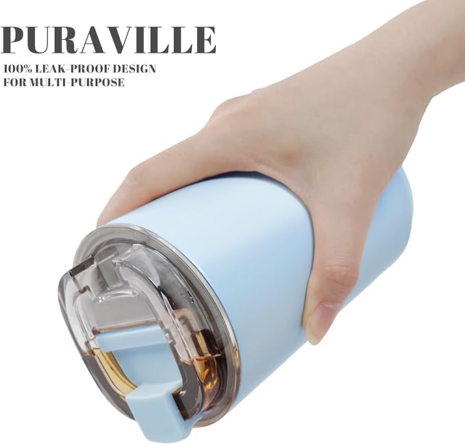Puraville 2 Pack Insulated Tumblers with Lid, 14 oz Travel Coffee Mug Stainless Steel Vacuum Cup, Leak Proof Double Walled Coffee Tumbler for Iced and Hot Drinks,Pink and Light Blue