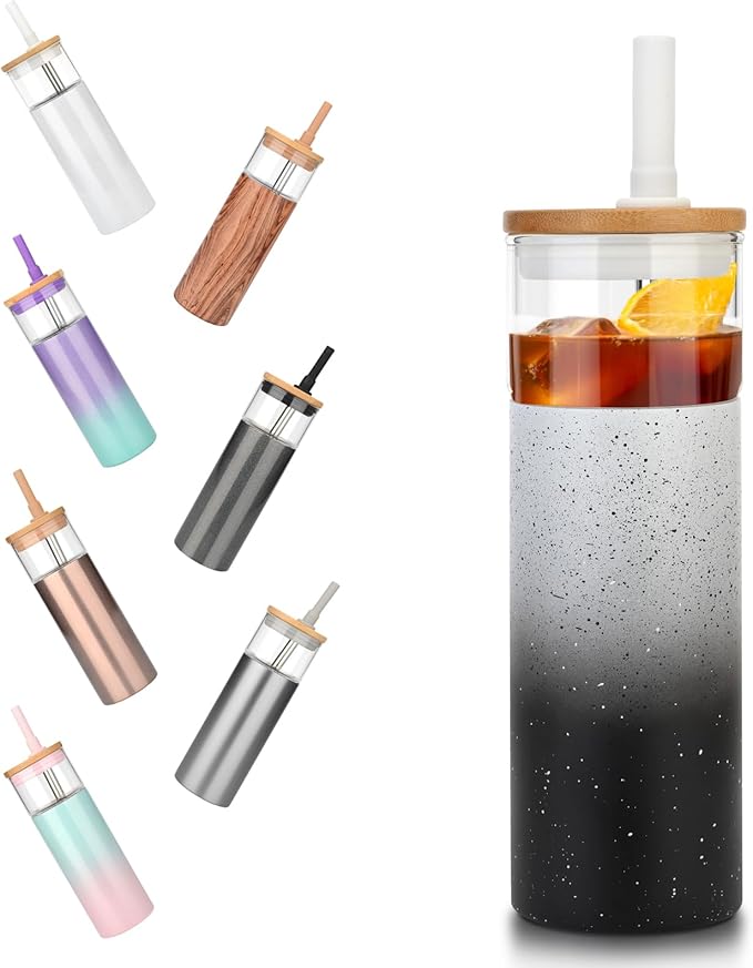 Tronco 20 oz Vacuum Insulated Glass Tumbler with Lid and Straw - Keeps Drinks Cold for 12 Hrs - Reusable Glass Cup for Iced Coffee, Smoothies & Boba - Sweat & BPA Free, Dishwasher Safe, Fit Car Holder