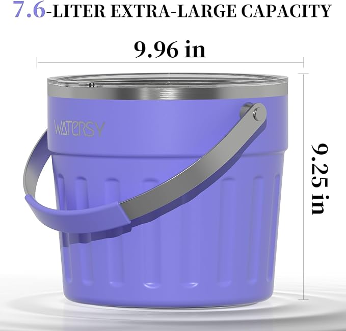 WATERSY Insulated Ice Bucket（8 Quart / 7.6 L） with Lid, Scoop, Ice Tong，Wall Vacuum Stainless Steel, Purple